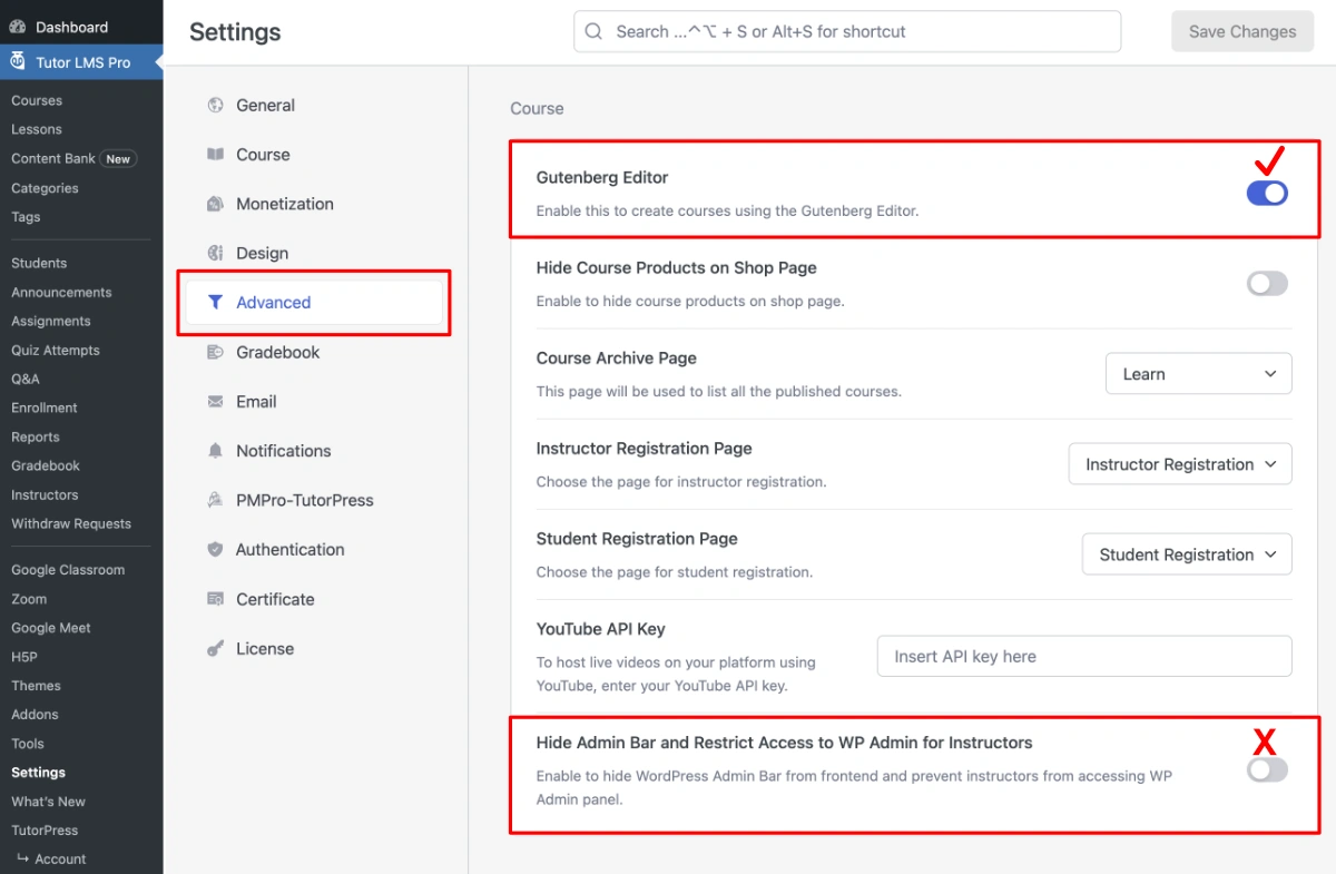 Screenshot of Tutor LMS's "Advanced" settings tab, overlayed with additional highlighting