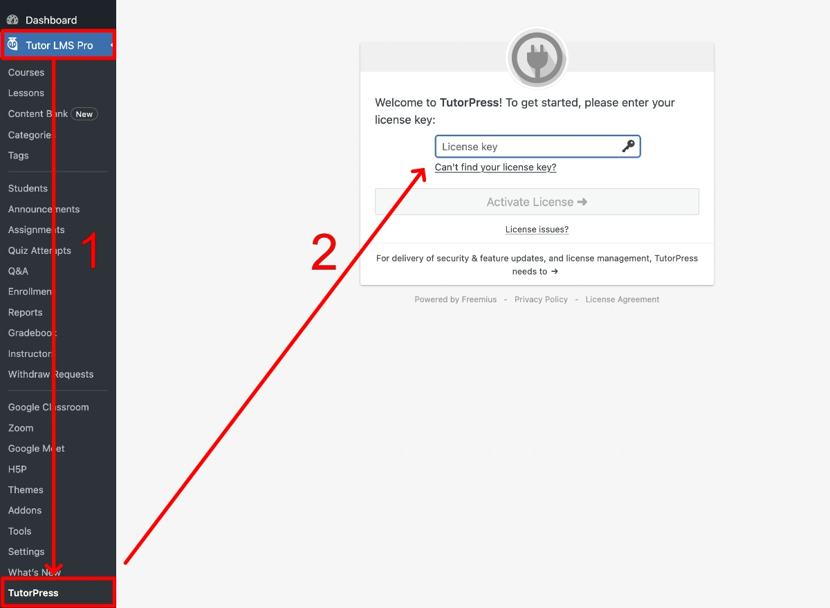 Screenshot of the License Activation form for TutorPress, overlayed with arrows for additional guidance