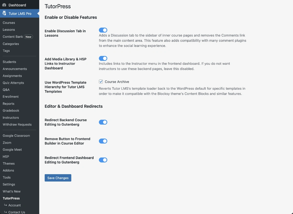 Screenshot of TutorPress's settings page