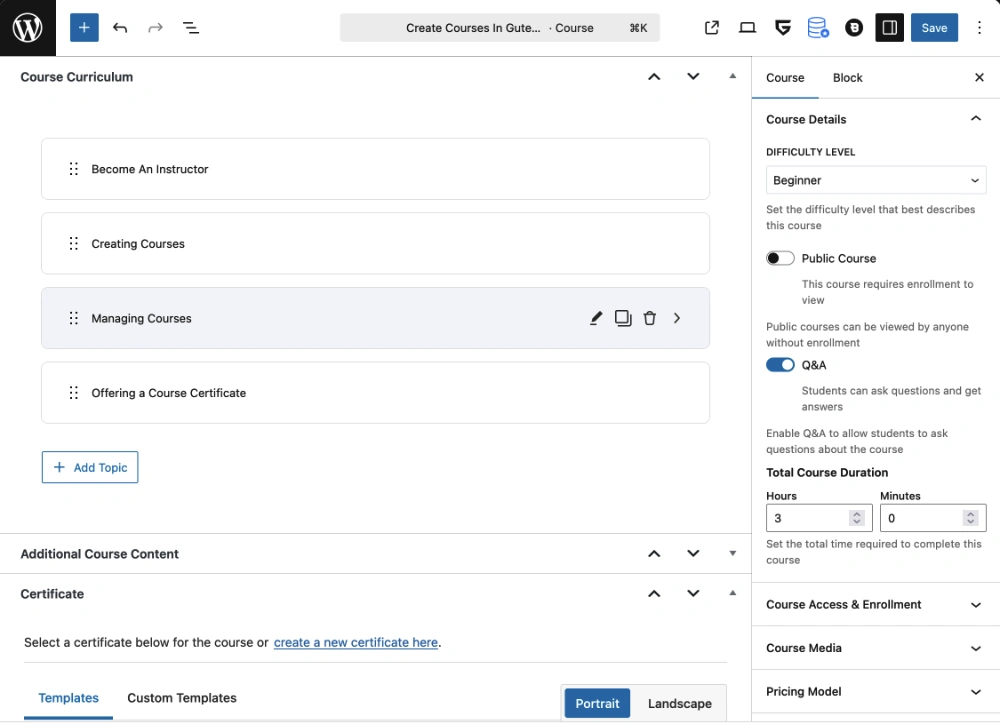 Screenshot of the TutorPress course builder in Gutenberg