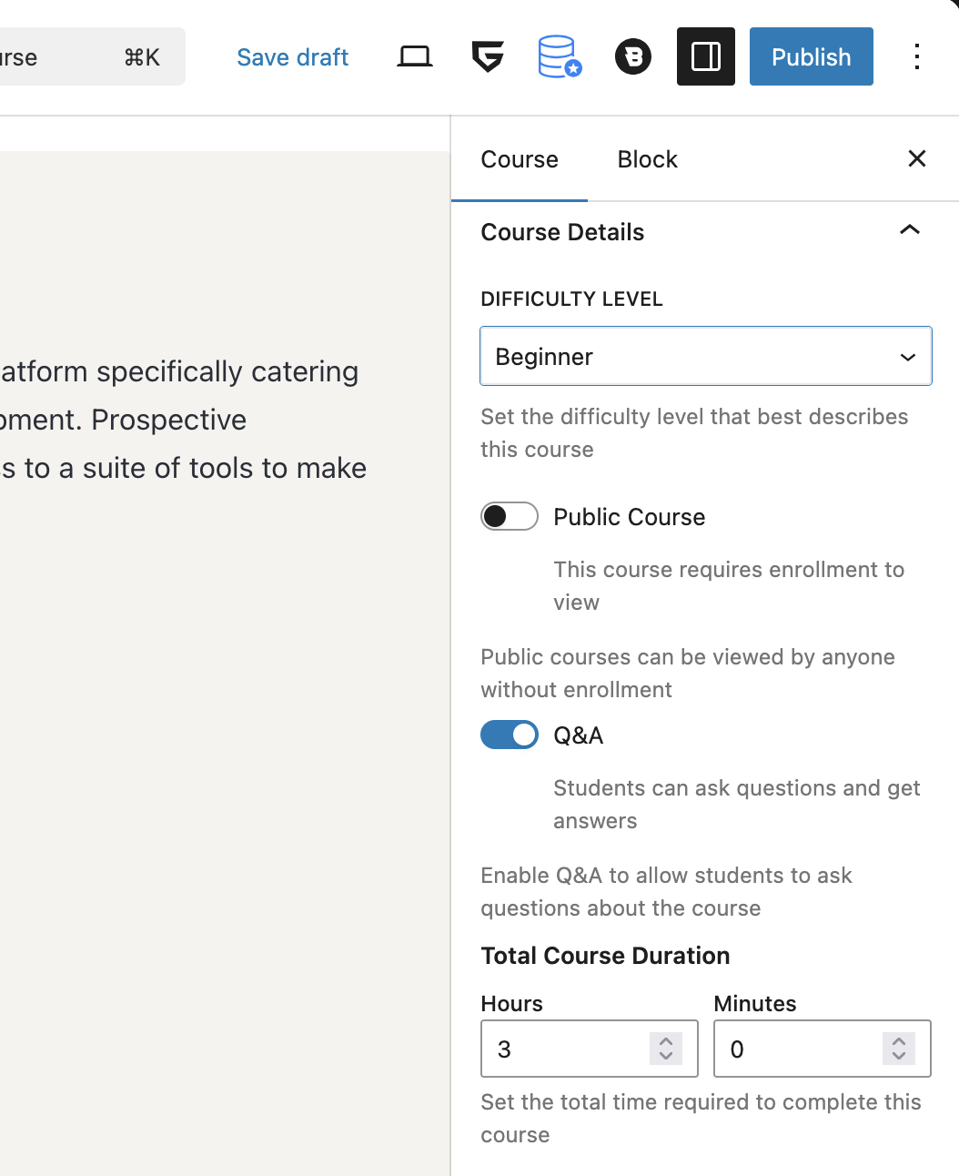 Screenshot of the Course Details panel in Gutenberg