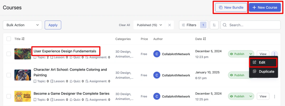 Screenshot of Tutor LMS's backend course list page with highlights demonstrating where redirects are applied