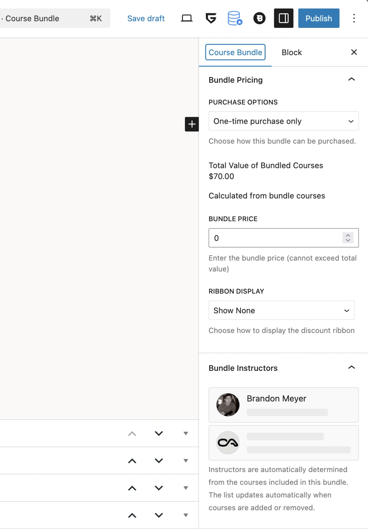 Screenshot of the panels in Gutenberg for course bundles