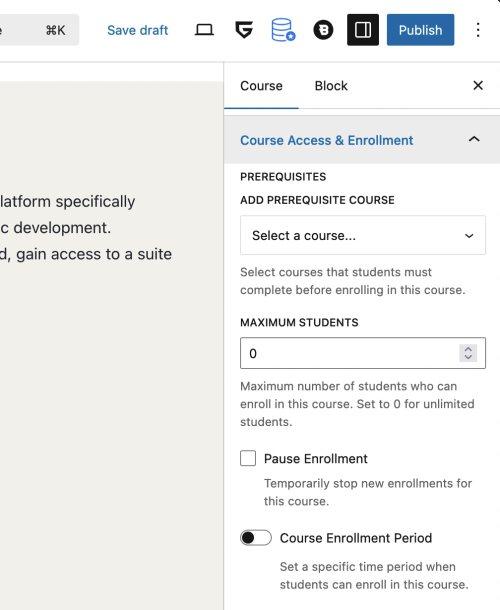 Screenshot of the Course Access in Gutenberg
