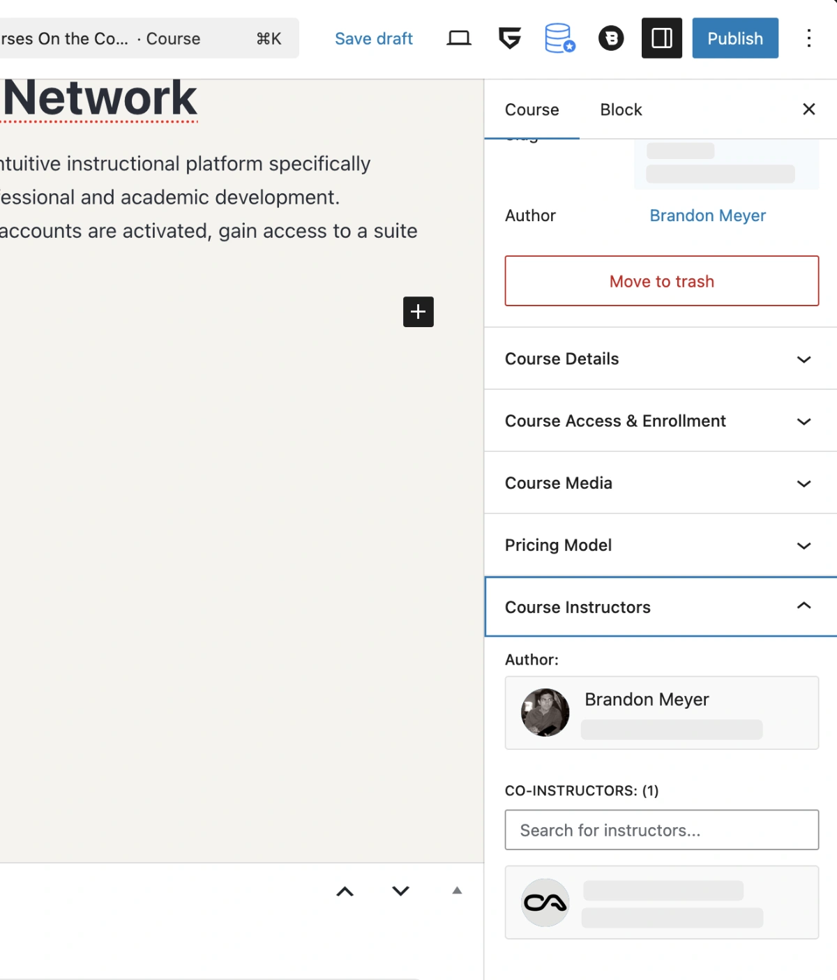 Screenshot of the Course Instructors panel in Gutenberg