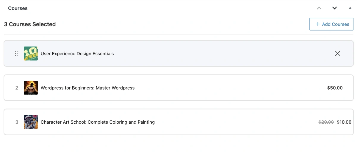 Screenshot of the courses metabox in the Gutenberg editor for course bundles