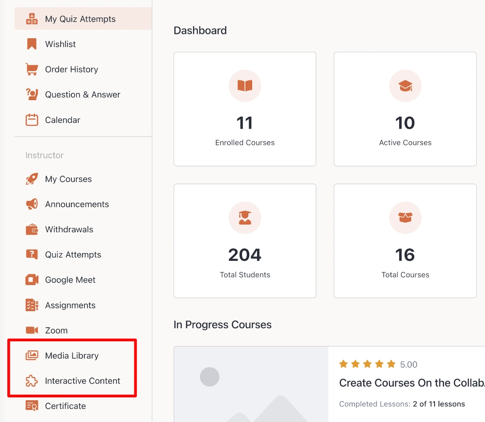 Screenshot of Tutor LMS's frontend dashboard with extra links added