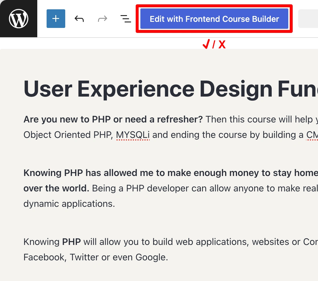 Screenshot of the "Edit with Frontend Course Builder" in Gutenberg