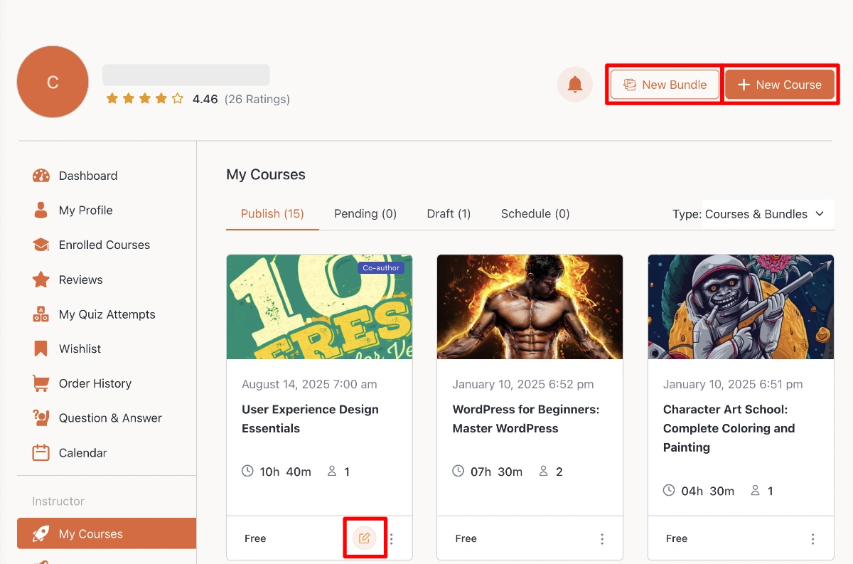 Screenshot of Tutor LMS's frontend dashboard, with redirected links highlighted