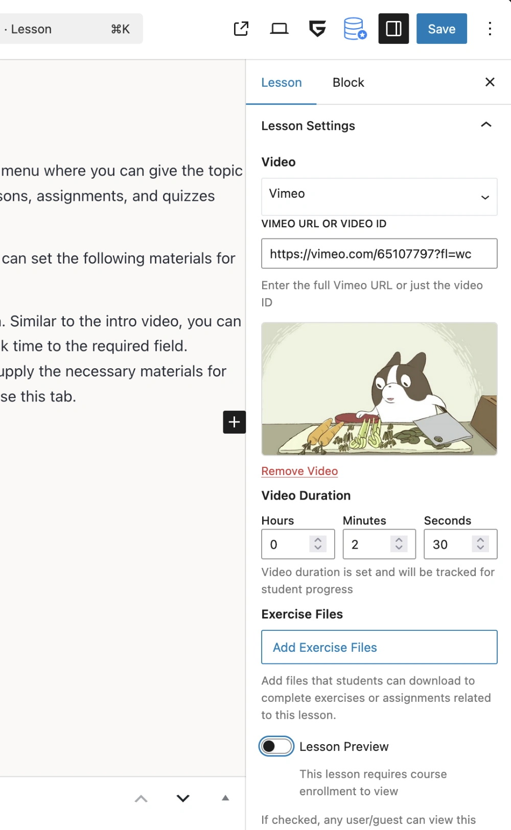 Screenshot of the lesson settings in Gutenberg