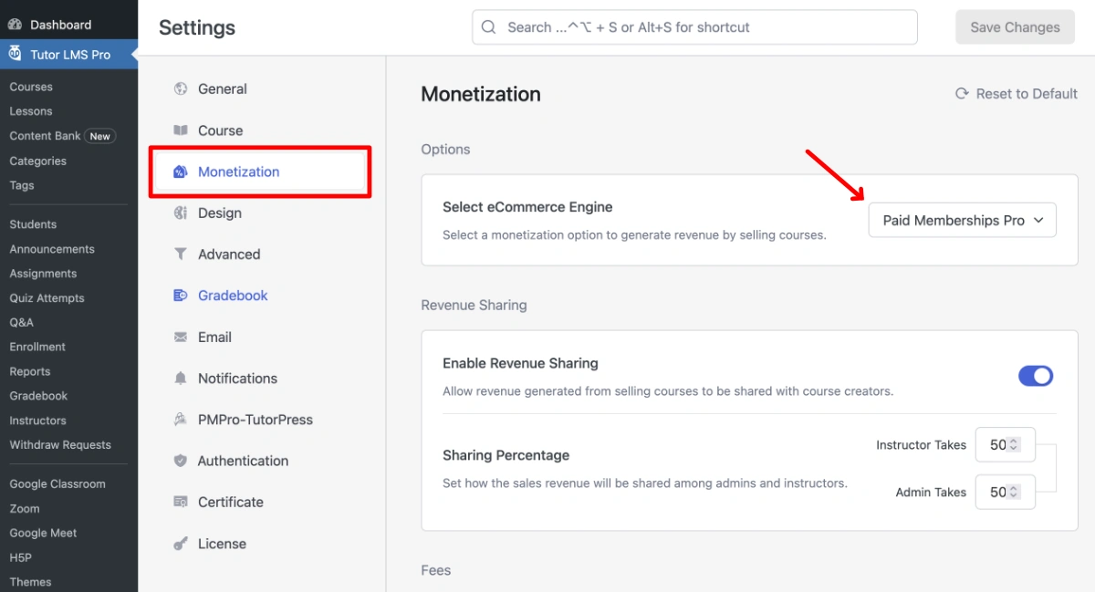 Screenshot of Tutor LMS's Monetization settings tab