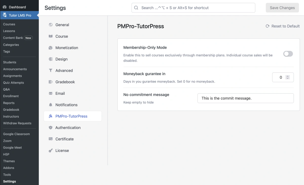 Screenshot of the PMPro-TutorPress settings tab