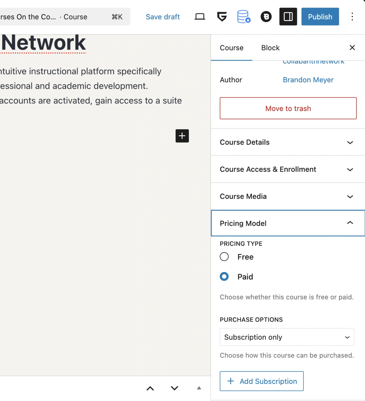 Screenshot of the Pricing Model panel in Gutenberg