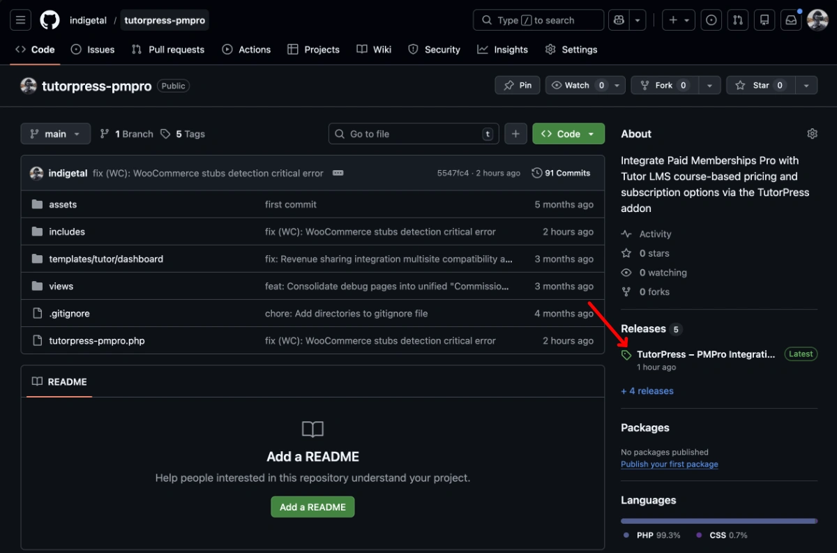 Screenshot of the TutorPress-PMPro Integration's GitHub repo with an arrow pointing at where to download the latest release